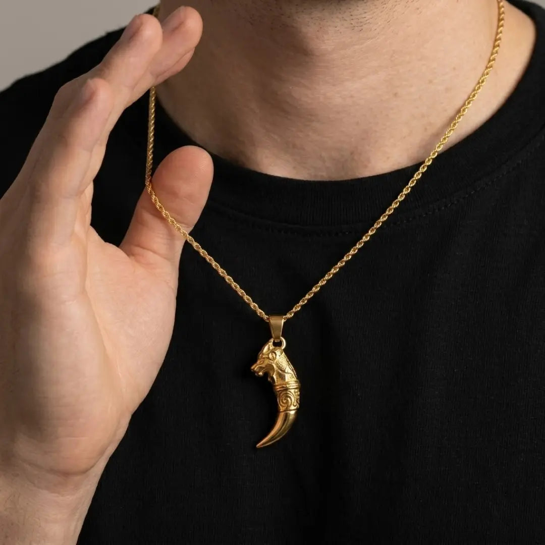 18K Gold Filled Lion Head Claw Tooth Pendant Necklace – Sculpted Animal Fang Rope Chain Necklace for Men & Women